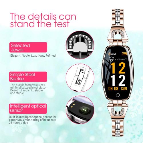  Woqoo Womens Fitness Tracker Watch, IP68 Waterproof HR Activity Tracker, Smart Watch wit Heart Rate Blood Pressure Monitor 8 Sport Mode Pedometer Jewelry Sport Wristband Holiday Birthday