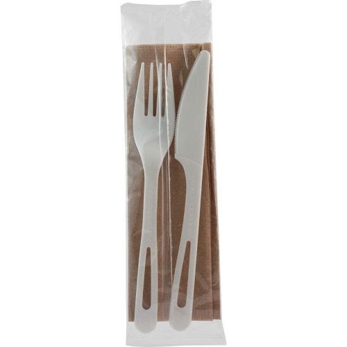  World Centric AS-PS-FKN Compostable TPLA Assorted Cutlery Individually Wrapped with Fork, Knife, Napkin (Pack of 500 Sets)