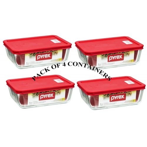  World Kitchen PYREX Containers Simply Store 6-cup Rectangular Glass Food Storage Red Plastic Covers ... (Pack of 4 Containers)