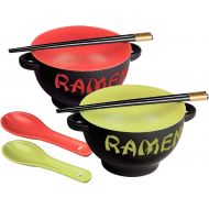 Toysdone Japanese Ceramic Ramen Bowl Set of 2 Noodle Bowl with Soup Spoon and Chopstick Soup Bowls for Noodle, Ramen, Udon, Miso, Thai, Pho Soup 17.5 Ounce Red Dragon and Green Roo