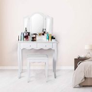 Worldrich Vanity Makeup Table Set Dressing Table Cushoined Stool with Tri Folding Mirror and 4 Sliding Drawers White Wood Furniture for Girls Women