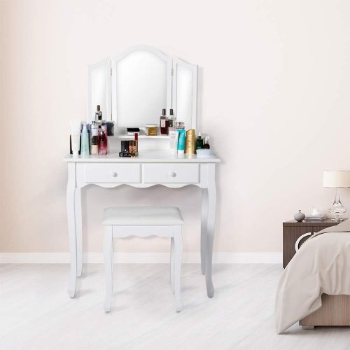  Worldrich Vanity Makeup Table Set Dressing Table Cushoined Stool with Tri Folding Mirror and 4 Sliding Drawers White Wood Furniture for Girls Women