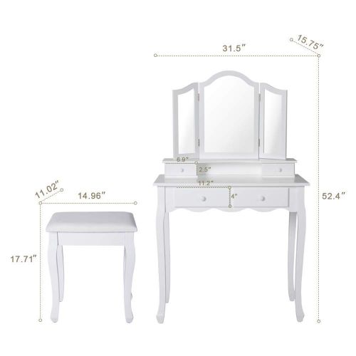  Worldrich Vanity Makeup Table Set Dressing Table Cushoined Stool with Tri Folding Mirror and 4 Sliding Drawers White Wood Furniture for Girls Women