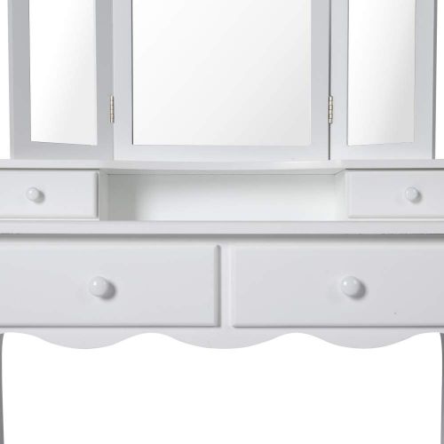  Worldrich Vanity Makeup Table Set Dressing Table Cushoined Stool with Tri Folding Mirror and 4 Sliding Drawers White Wood Furniture for Girls Women
