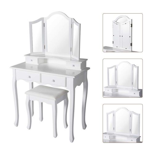  Worldrich Vanity Makeup Table Set Dressing Table Cushoined Stool with Tri Folding Mirror and 4 Sliding Drawers White Wood Furniture for Girls Women