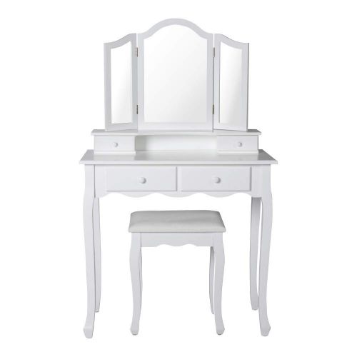  Worldrich Vanity Makeup Table Set Dressing Table Cushoined Stool with Tri Folding Mirror and 4 Sliding Drawers White Wood Furniture for Girls Women