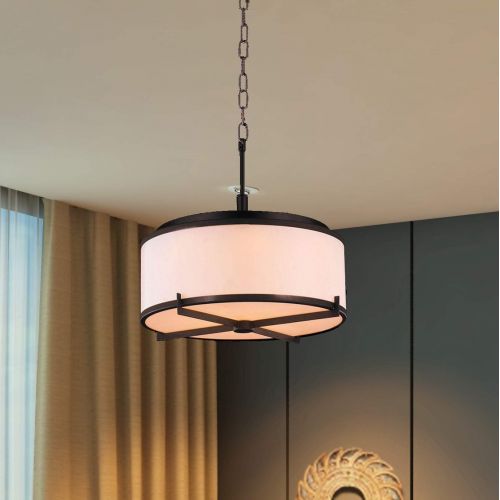  Worldwide Lighting Madeline Collection 6 Light LED Dark Bronze Finish with Bisque Drum Shade Pendant 16 D x 13 H Small