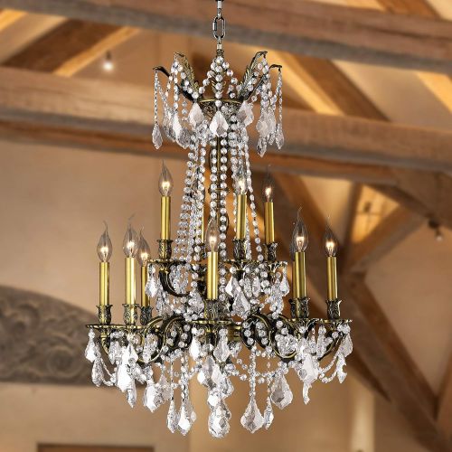  Worldwide Lighting Windsor Collection 12 Light Antique Bronze Finish and Clear Crystal Chandelier 24 D x 36 H Two 2 Tier Large