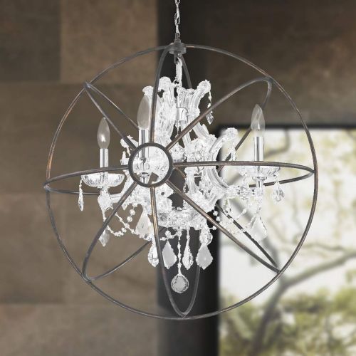  Worldwide Lighting Armillary Collection 4 Light Chrome Finish and Clear Crystal with Flemish Brass Cage Finish Foucaults Orb Chandelier 24 D Large