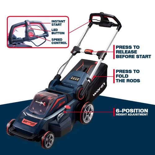  Worth PowerMax 84-Volt Lithium Battery Self-propelled Lawn Mower Cordless Brushless Motor Smart Cut (TM) 20-Inch 70mins Running Two 2.5AH Batteries Included - M010A00