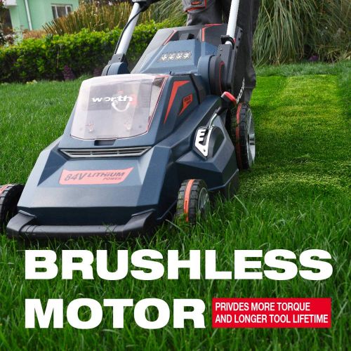  Worth PowerMax 84-Volt Lithium Battery Self-propelled Lawn Mower Cordless Brushless Motor Smart Cut (TM) 20-Inch 70mins Running Two 2.5AH Batteries Included - M010A00