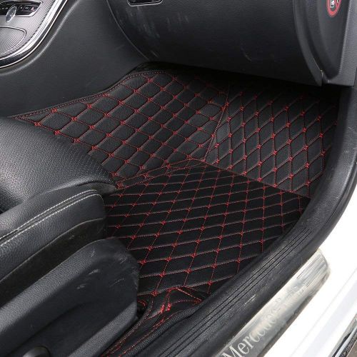  Worth-Mats All Weather Luxury XPE Leather Waterproof Custom Fits Floor Mats for Ford Focus 2012-2018 - Black with Red Stitching