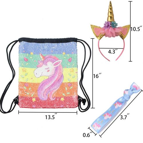  Wowang Unicorn Gifts for Girls Sequin Drawstring Backpack Mermaid Bags Reversible Magic Glitter Bag with Hair Ties and Unicorn Headband (Colorful Unicorn)