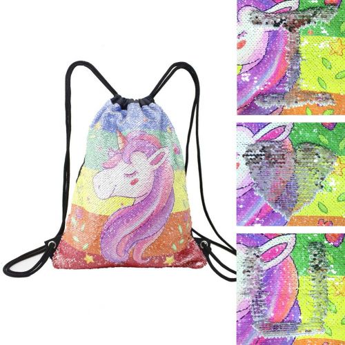  Wowang Unicorn Gifts for Girls Sequin Drawstring Backpack Mermaid Bags Reversible Magic Glitter Bag with Hair Ties and Unicorn Headband (Colorful Unicorn)