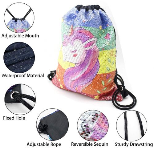  Wowang Unicorn Gifts for Girls Sequin Drawstring Backpack Mermaid Bags Reversible Magic Glitter Bag with Hair Ties and Unicorn Headband (Colorful Unicorn)