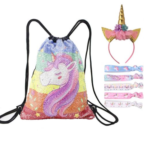  Wowang Unicorn Gifts for Girls Sequin Drawstring Backpack Mermaid Bags Reversible Magic Glitter Bag with Hair Ties and Unicorn Headband (Colorful Unicorn)