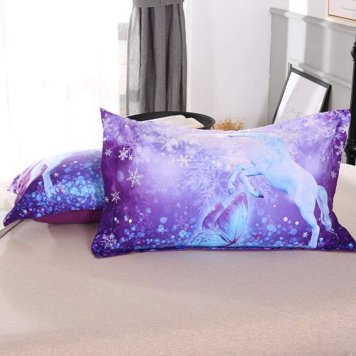  Wowelife Unicorn Twin Bedding 3D Purple Butterfly and Snowflake Kids Unicorn Theme 4 Piece Duvet Cover Set(Twin)