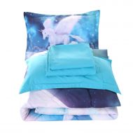 Wowelife 3D Fly Unicorn Comforter Sets White Wings Stars Cloud with Comforter, Flat Sheet, Fitted Sheet and 2 Pillow Cases(White Unicorn, Queen)