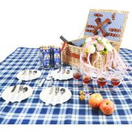 Woworld 4 Person Wicker Picnic Basket Hamper Set with Flatware,Plates,Wine Glasses Includes FREE Picnic Blanket Blue and White Liner