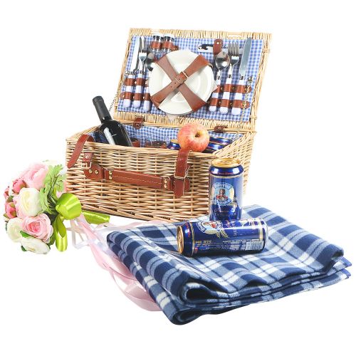  Woworld 4 Person Wicker Picnic Basket Hamper Set with Flatware,Plates,Wine Glasses Includes FREE Picnic Blanket Blue and White Liner