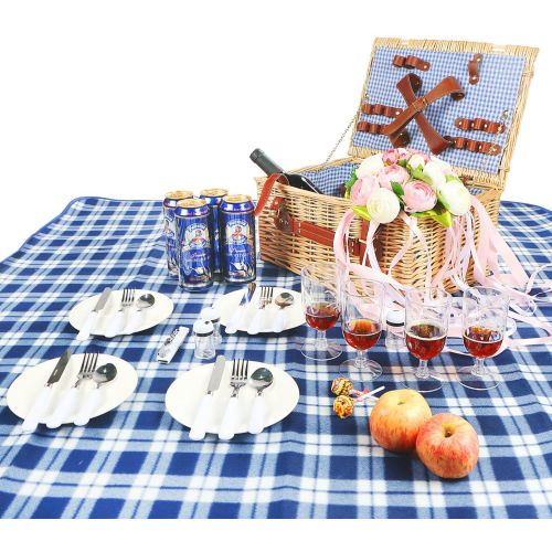  Woworld 4 Person Wicker Picnic Basket Hamper Set with Flatware,Plates,Wine Glasses Includes FREE Picnic Blanket Blue and White Liner