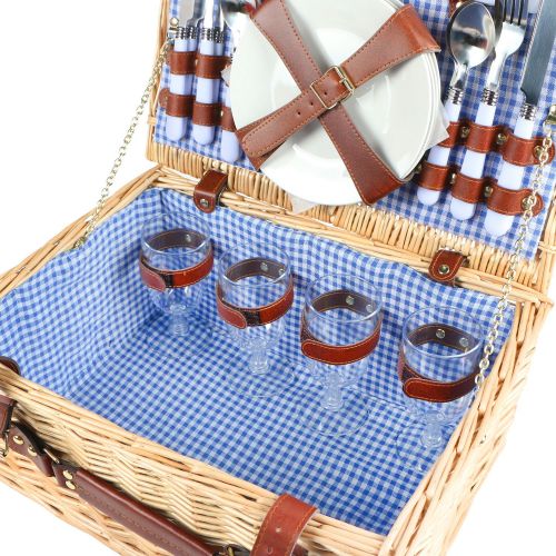  Woworld 4 Person Wicker Picnic Basket Hamper Set with Flatware,Plates,Wine Glasses Includes FREE Picnic Blanket Blue and White Liner