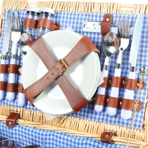  Woworld 4 Person Wicker Picnic Basket Hamper Set with Flatware,Plates,Wine Glasses Includes FREE Picnic Blanket Blue and White Liner