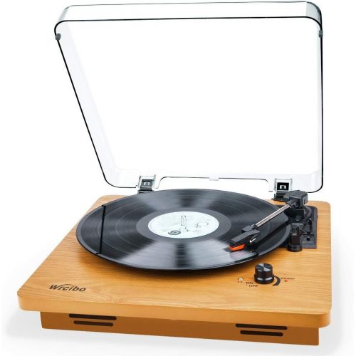  Wrcibo Record Player, Vintage Turntable 3-Speed Belt Drive Vinyl Player LP Record Player with Built-in Stereo Speaker, Aux-in, Headphone Jack, and RCA Output, Natural Wood