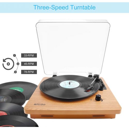  Wrcibo Record Player, Vintage Turntable 3-Speed Belt Drive Vinyl Player LP Record Player with Built-in Stereo Speaker, Aux-in, Headphone Jack, and RCA Output, Natural Wood