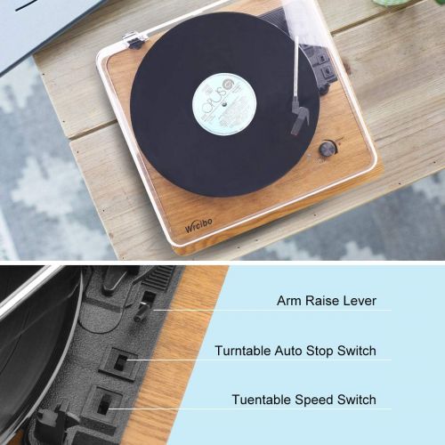  Wrcibo Record Player, Vintage Turntable 3-Speed Belt Drive Vinyl Player LP Record Player with Built-in Stereo Speaker, Aux-in, Headphone Jack, and RCA Output, Natural Wood