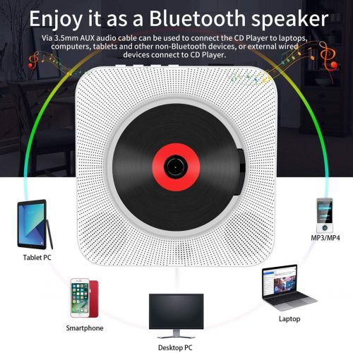  [아마존베스트]CD Player, Wrcibo Wall Mountable Bluetooth CD Player Speaker Upgraded Version with Remote HiFi Speaker USB Drive Player and Aux in & Headphone Jack (White)