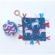 Etsy Tag Quilt Security Blanket + Sensory Block Gift- Lovey- Lovie- Toddler Toy- Teether- Teething- Plushie- Unicorn Pattern- Tagged- Arrows