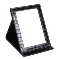 Wujee Folding Vanity Makeup Mirror with Standing - Portable Travel Mirror - PU Leather Desktop Mirror - Compact Pocket Cosmetic Mirror for Home Hotel Office Work Desk (Black Large)