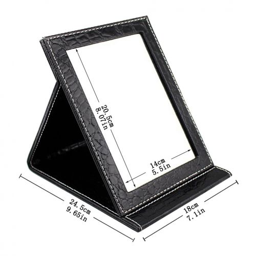  Wujee Folding Vanity Makeup Mirror with Standing - Portable Travel Mirror - PU Leather Desktop Mirror - Compact Pocket Cosmetic Mirror for Home Hotel Office Work Desk (Black Large)