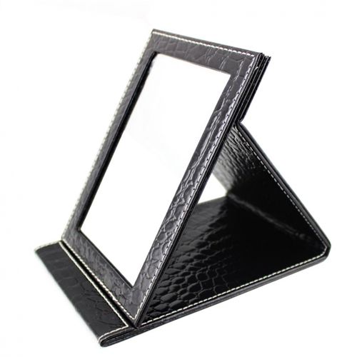  Wujee Folding Vanity Makeup Mirror with Standing - Portable Travel Mirror - PU Leather Desktop Mirror - Compact Pocket Cosmetic Mirror for Home Hotel Office Work Desk (Black Large)