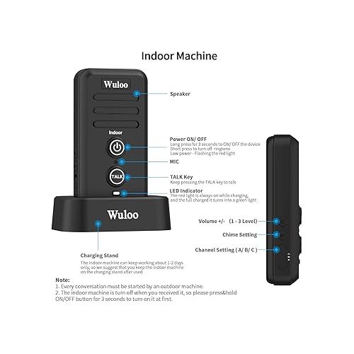  Wuloo Wireless Intercom Doorbells for Home Classroom, Intercomunicador Waterproof Electronic Doorbell Chime with 1/2 Mile Range 3 Volume Levels Rechargeable Battery (Black, 1&2)