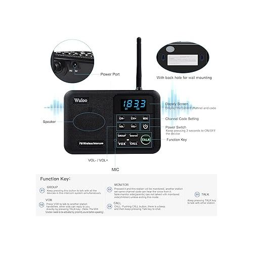  Wuloo Intercoms Wireless for Home 1 Mile Range 22 Channel 100 Digital Code Display Screen, Wireless Intercom System for Home House Business Office, Room to Room Intercom Communication(4Stations Black)