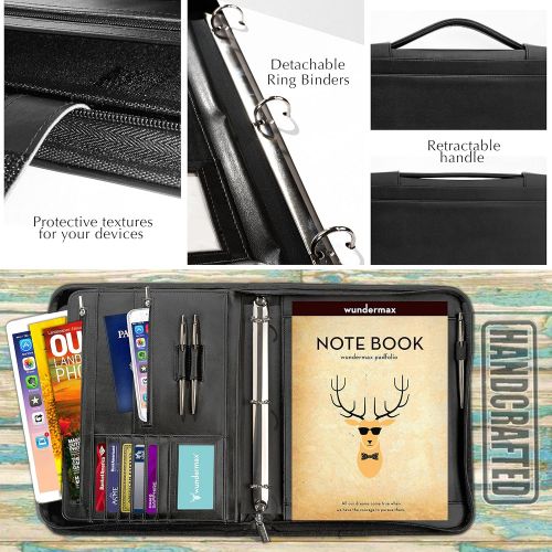  Wundermax Portfolio Binder A Zippered Padfolio with Handle & 3 Ring Binder Document Organizer Briefcase Professional PU Leather Folder Resume Holder for Work with Notebook and 10.1