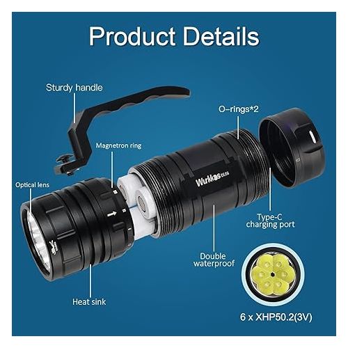  Wurkkos Dive Lights Scuba Diving Flashlight USB C Rechargeable Flashlight, Max 15000 Lumens Flashlight 6PCS Led, Underwater 100M Waterproof Flashlight for Diving Snorkeling