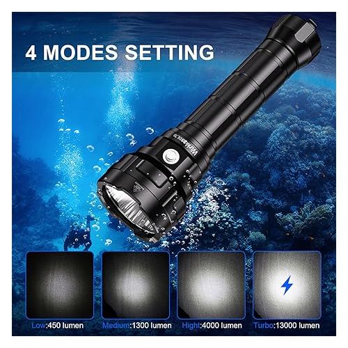  Wurrkos Dive Flashlight Max 13000 Lumen Super Bright Scuba Diving Light DL70 with 4pcs Led, IPX8 Waterproof Dive Torch Underwater 328ft, 4 Mode Night Dive Flashlight for Submarine Deep Sea Cave