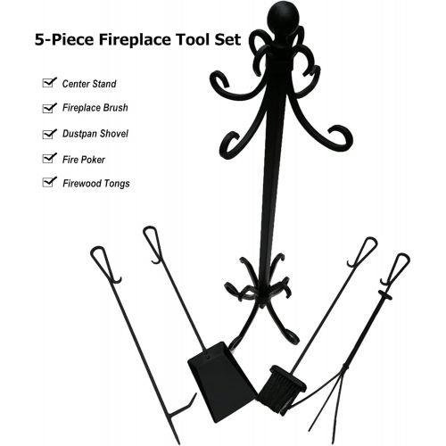  Wwtt Fireplace Tools Set 5 Piece Modern Fireplace Companion, Hand Forged Iron Fire Stove Tools Kit for Wood Coal Burning, Easy Hanging Fire Place Accessories with Hooks