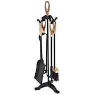 Wwtt Fireplace Tools Set Heavy Duty Black Fireplace Tools Set, 5 Pcs Classic Floor Standing Fire Pit Accessories with Pedestal Place, for Chimney Wood Stove, Easy Set Up