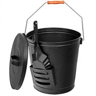 Wwtt Fireplace Tools Set 3 Piece Black Ash Bucket with Shovel & Lid, Large Durable Wrought Iron Fireplace Bucket for Stove Fire Pit Wood Burning Stove Chimney, Coal Broom