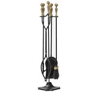 Wwtt Fireplace Tools Set 5 Piece Wrought Iron Fireplace Companion Tools, Black Hammered Wood Stove Burning Tools Set with Gold Handles, Classic Fire Pit Accessories