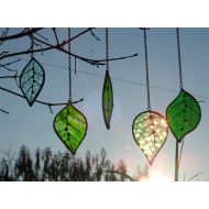 WylloWytch Sun Catcher Glass Leaves Spring Leaves Copper Finish, Hanging Glass Art Mobile. Real Hazelwood. Easter Birthday Gift 10x 18