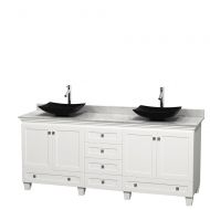 Wyndham Collection Acclaim 80 inch Double Bathroom Vanity in White, White Carrera Marble Countertop, Arista Black Granite Sinks, and No Mirrors