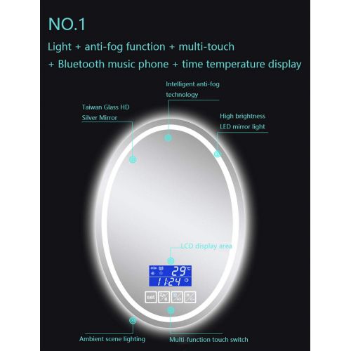  Wysm Smart LED Bathroom Mirror Bathroom Oval Bathroom Mirror Wall Mount Bathroom Mirror Bluetooth...