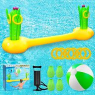 X XBEN Inflatable Pool Volleyball Game with Ring Toss, Pool Float Set with Ball, Volleyball Net, Water Pool Game Adults Family & Swimming, Summer Floaties, Volleyball Court (Yellow