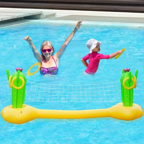  X XBEN Inflatable Pool Volleyball Game with Ring Toss, Pool Float Set with Ball, Volleyball Net, Water Pool Game Adults Family & Swimming, Summer Floaties, Volleyball Court (Yellow