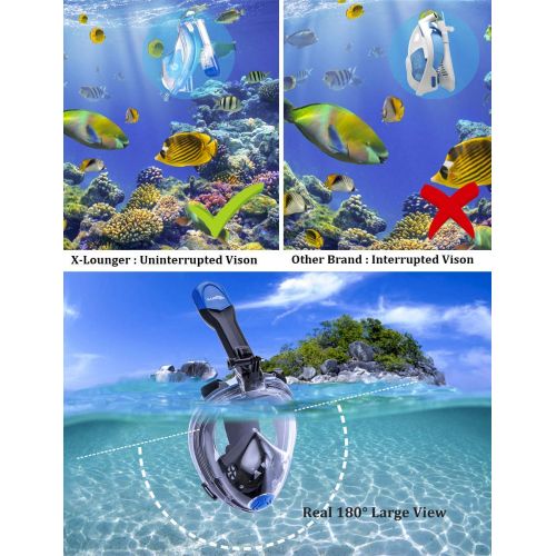  X-Lounger Snorkeling Mask Full Face Foldable Easy Breathe Anti-UV Ear Pressure Balance Design 180 Panoramic View Double Anti-fog Anti-leak Detachable Camera Mount Earplugs Clear PVC Bag Snor